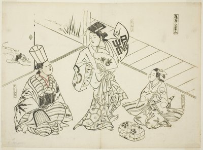 Sanbaso dans in een bordeel (Ageya sanbaso), nr. 1 uit een serie van 12 prenten met parodieën op toneelstukken door Okumura Masanobu