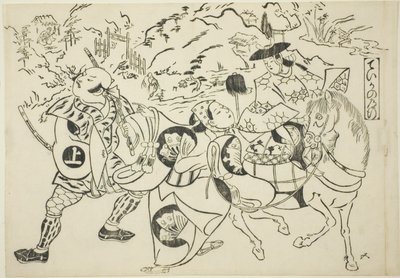 De reis van Teika (Taika no michiyuki), uit de serie "Beroemde scènes uit Japanse poppenkastvoorstellingen (Yamato irotake)". door Okumura Masanobu