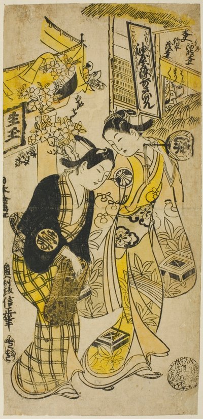 De acteurs Segawa Kikunojo I als Osome en Sodesaki Kikutaro als Hisamatsu in het stuk "Osome Hisamatsu Shinju," uitgevoerd in het Nakamura Theater in de zesde maand, 1731 door Okumura Masanobu