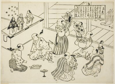De Kleedkamer van een Poppentheater, de inhoudsopgave uit de serie "Beroemde Scènes uit Japanse Poppenspelen (Yamato irotake)" door Okumura Masanobu