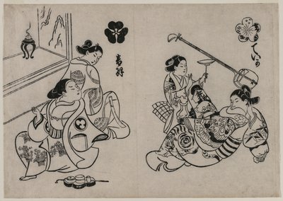 Drie courtisanes met een klant door Okumura Masanobu