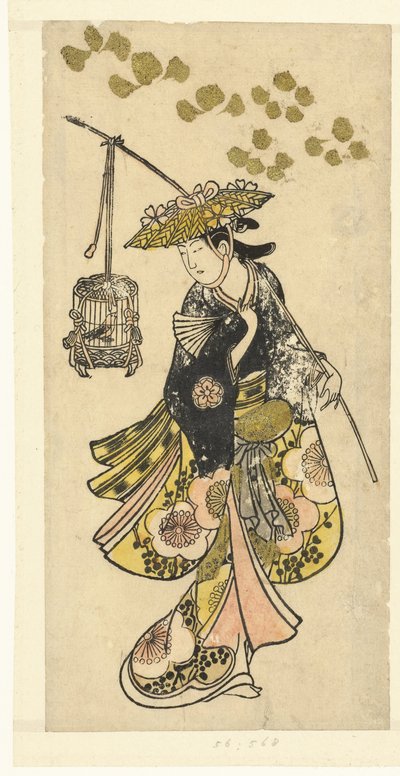 Jonge vrouw met vogelkooi door Okumura Toshinobu (attributed to)