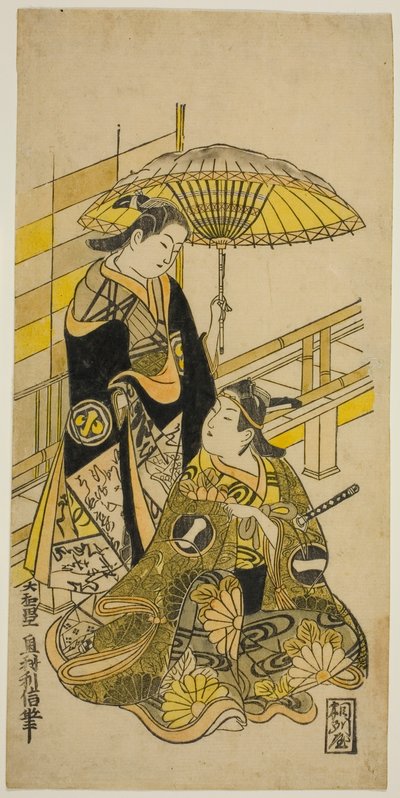 De acteurs Ichikawa Monnosuke I als Kusunoki Masatsura en Arashi Wakano als Oyuki in het stuk "Honen Taiheiki," uitgevoerd in het Nakamura Theater in de elfde maand, 1723 door Okumura Toshinobu