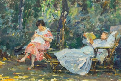 Lezen en breien in de tuin door Olga (1881 1941) Slomszynska