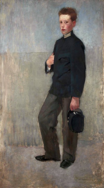 Portret van een jongen in middelbare schooluniform door Olga Boznanska