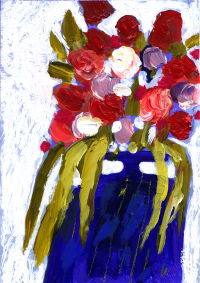 Kleurrijke bloemen in een blauwe vaas door Olga Skomorokhova