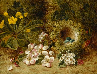 Appelbloesems, een sleutelbloem en een vogelnest op een mosrijke oever door Oliver Clare