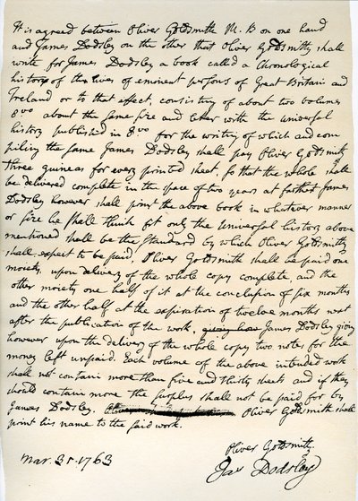 Overeenkomst van Oliver Goldsmith om te schrijven voor James Dodsley (31 maart 1763) door Oliver Goldsmith