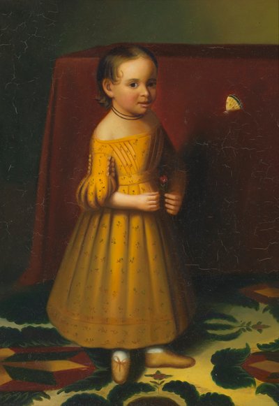 Portret van een jong meisje met roos en vlinder, ca. 1838 door Oliver Tarbell Eddy
