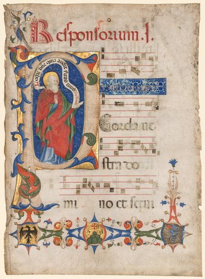 Blad uit een Antifonarium: Geïllustreerde Initiaal P met de Profeet Samuel; Wapens van de Visconti Familie en de Olivetan Orde door Olivetan Master