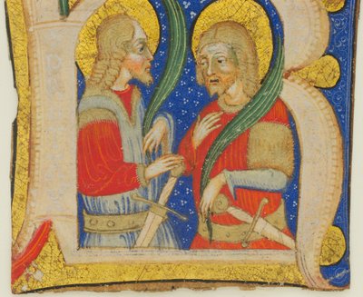Manuscript blad snijden met een verlichte initiaal R met St. Protasius en St. Gervasius, midden 15e eeuw door Olivetan Master