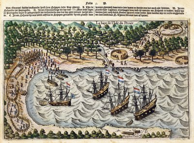 Zicht op Nederlands schip in haven, ca. 1598-1602 door Olivier van Noort