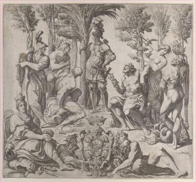 Allegorische compositie met zes Olympische goden rond een figuur in harnas door Oliviero Gatti
