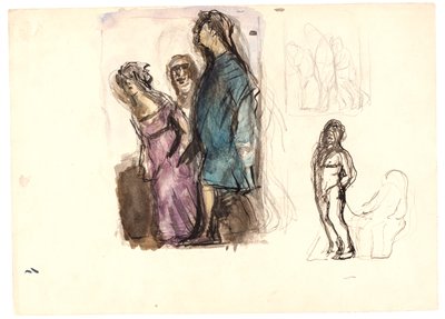 Ingekleurde schets voor "Diogenes" en twee andere schetsen door Oluf Hartmann