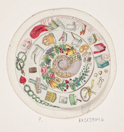 Draaischijf met diverse kleine dingen getekend door Oluf Olufsen Bagge