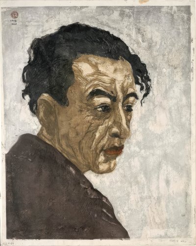 Portret van de dichter Hagiwara Sakutaro (1886–1942), auteur van "Ice Island" door Onchi Kôshirô