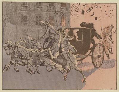 Napoleon ontsnapt op wonderbaarlijke wijze aan de explosie van een bom, de machine infernale, op de Rue Saint-Nicaise, Parijs, 24 december 1800 door Onfray de Breville Job