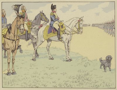 Napoleon inspecteert het Franse leger na het ondertekenen van de Verdragen van Tilsit, 7 juli 1807 door Onfray de Breville Job