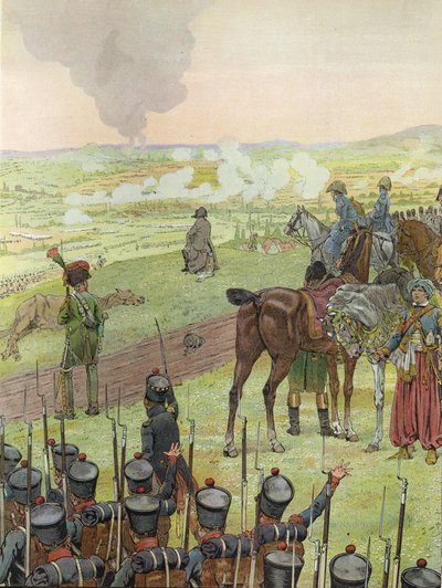 Napoleon, zittend op een trommel, bij de Slag bij Bautzen, 20-21 mei 1813 door Onfray de Breville Job