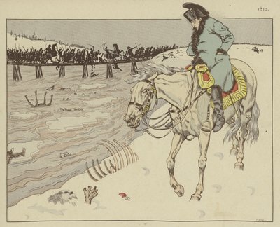 Napoleon kijkt naar de overblijfselen van zijn Grande Armée die de rivier de Berezina oversteken tijdens de terugtocht uit Moskou, 1812 door Onfray de Breville Job