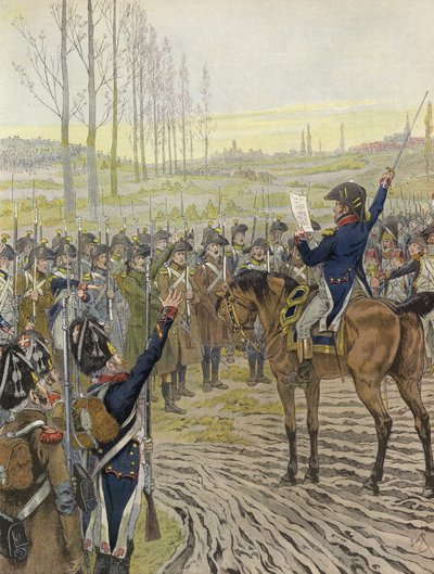 De woorden van Napoleon worden voorgelezen aan enkele van zijn troepen tijdens de Rijncampagne, 1805 door Onfray de Breville Job