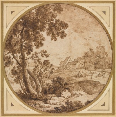 Landschap met gebouwen en figuren door Onorio Marinari