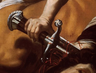 Detail van Davids zwaard uit David en Goliath door Orazio Borgianni