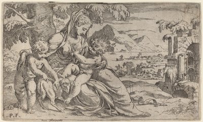 Madonna en Kind met Johannes de Doper door Orazio Farinati after Paolo Farinati