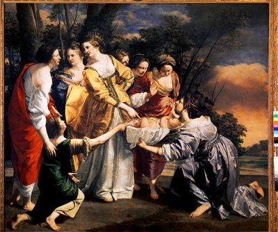 Mozes redt de wateren van de Nijl (olie op doek) door Orazio Gentileschi
