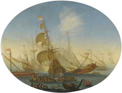 Een zeeslag tussen Turken en Christenen door Orazio Grevenbroeck