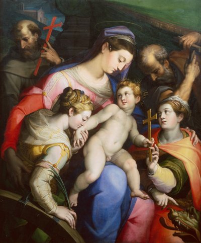 De Heilige Familie met Heiligen Margaretha, Catharina en Franciscus door Orazio Samacchini