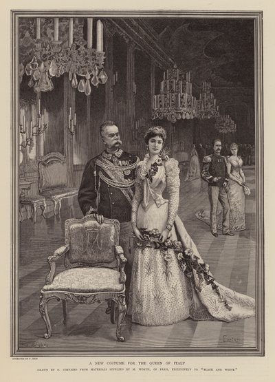Nieuwe jurk voor Margherita van Savoye, Koningin van Italië (gravure) door Oreste Cortazzo