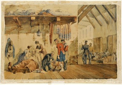[Kazerne] Ziekenhuis Scutari, scène met verpleegsters en soldaten van het Highland Regiment, 1854-56 door Orlando Norie