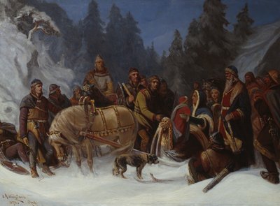 Inga Kongemor vertrouwt haar zoon Håkon Håkonsson toe aan de Birkebeiner leider Dagfinn Bonde door Oscar Arnold Wergeland