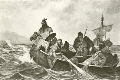 Leif Ericson voor de kust van Vineland (gravure) door Oscar Wergeland