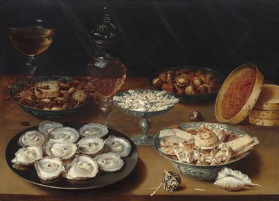 Gerechten met oesters, fruit en wijn door Osias Beert the Elder
