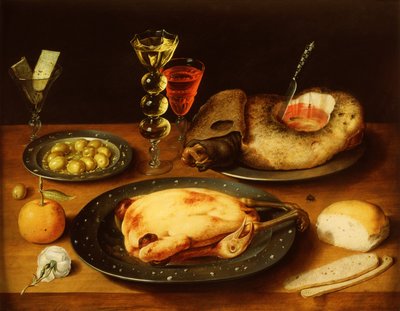 Geroosterde kip, ham en olijven op een tinnen bord door Osias the Elder Beert