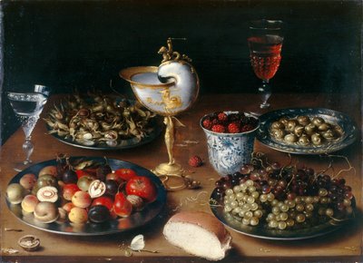 Stilleven met Nautilusbeker, Fruit, Noten en Wijn, c.1610 door Osias the Elder Beert