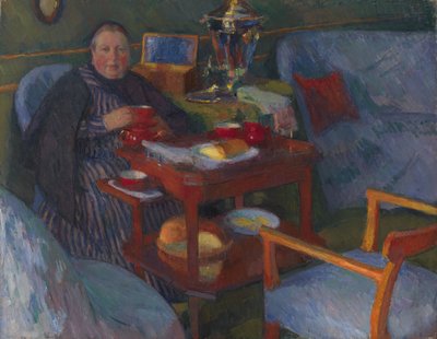 Vrouw die thee drinkt door Osip Emmanuilovich Braz