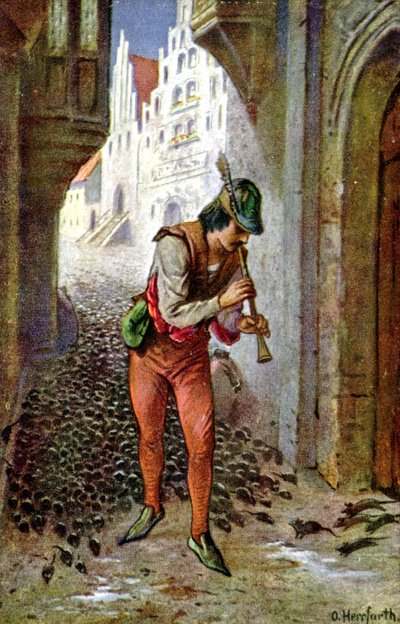 De fluitspeler van Hamelen, c.1910s (illustratie) door Oskar Herrfurth