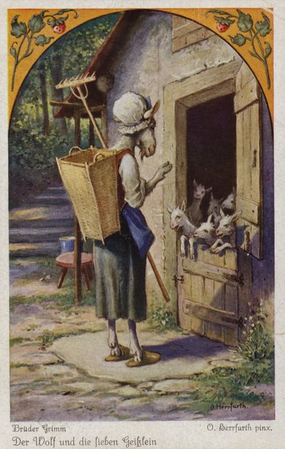 Scène uit De Wolf en de Zeven Geitjes, door de Gebroeders Grimm door Oskar Herrfurth