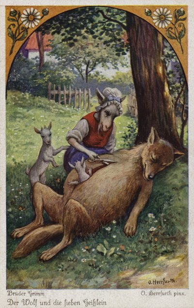 Scène uit De wolf en de zeven geitjes, door de gebroeders Grimm door Oskar Herrfurth