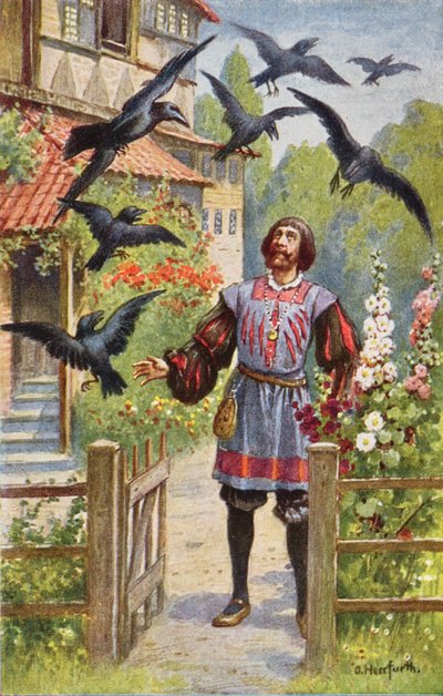De boze vader, die zijn zeven zonen vervloekt, ziet ze allemaal in raven veranderen door Oskar Herrfurth