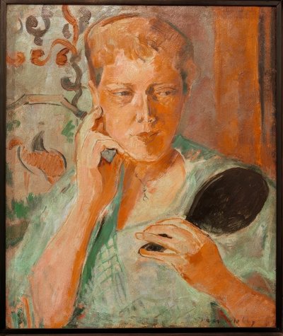 Portret Margarethe met zwarte handspiegel door Oskar Moll
