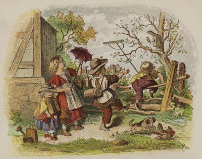 Groep kinderen die buiten spelen (kleur litho) door Oskar Pletsch