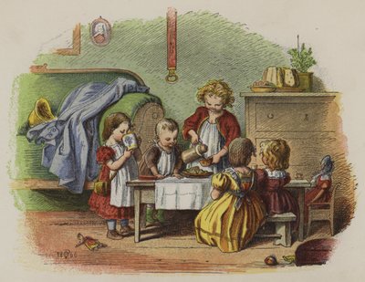 Groep kleine meisjes die thee drinken spelen (kleur litho) door Oskar Pletsch