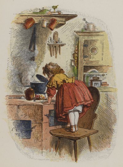 Klein meisje dat in een pan op een fornuis kijkt (kleur litho) door Oskar Pletsch