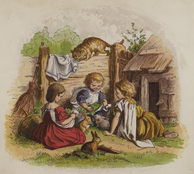 Drie meisjes die met hun huisdierkonijnen spelen, bekeken door een kat (kleur litho) door Oskar Pletsch