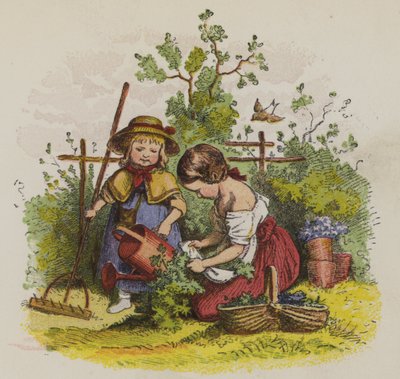 Twee meisjes die tuinieren (kleur litho) door Oskar Pletsch