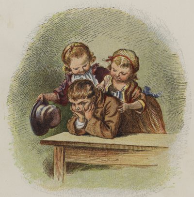 Twee kleine meisjes proberen een chagrijnige jongen op te vrolijken door Oskar Pletsch